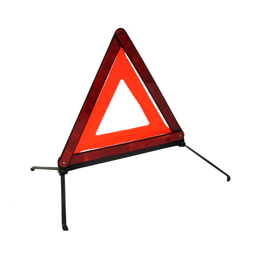A red triangular warning sign with a white triangle in the center, foldable with a black plastic case.