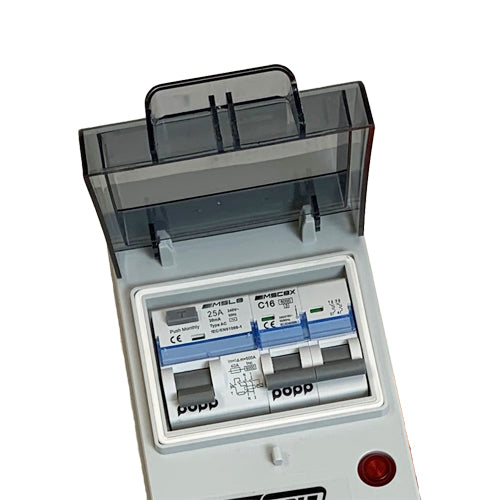 Maypole 5-Way Mobile Mains Power Unit with USB Electrical panel with breaker and label on a white background