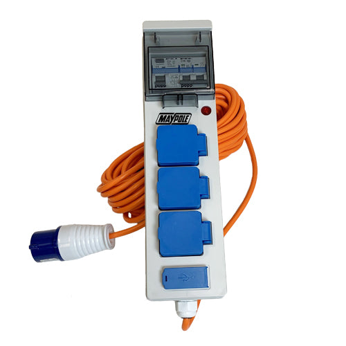 Maypole 5-Way Mobile Mains Power Unit with USB Power strip with blue outlets and orange cable on a white background