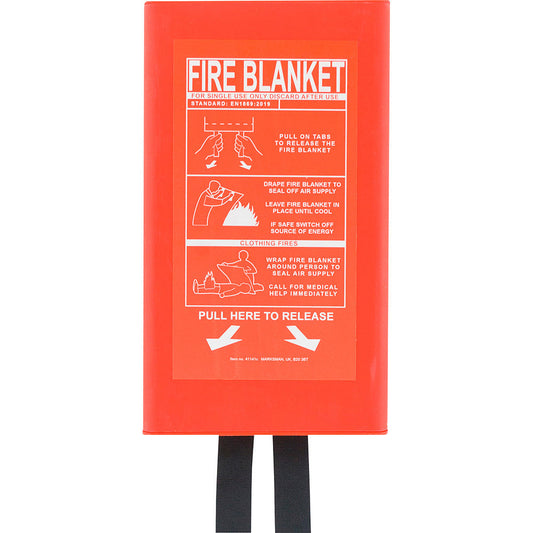 Red fire blanket with instructions on a white background