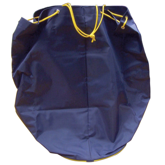 A navy blue Aquaroll/Waterhog storage bag with yellow handles and detailing.