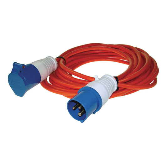10-meter orange and blue caravan extension lead.