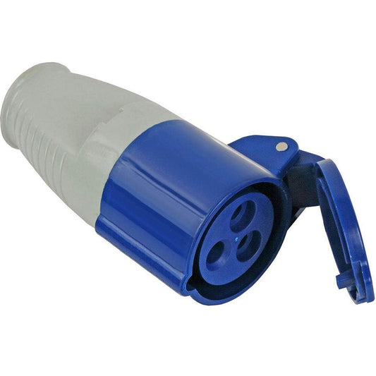 A 16 amp - 240v mains unit coupler with a blue and gray body, designed for connecting to a power supply.