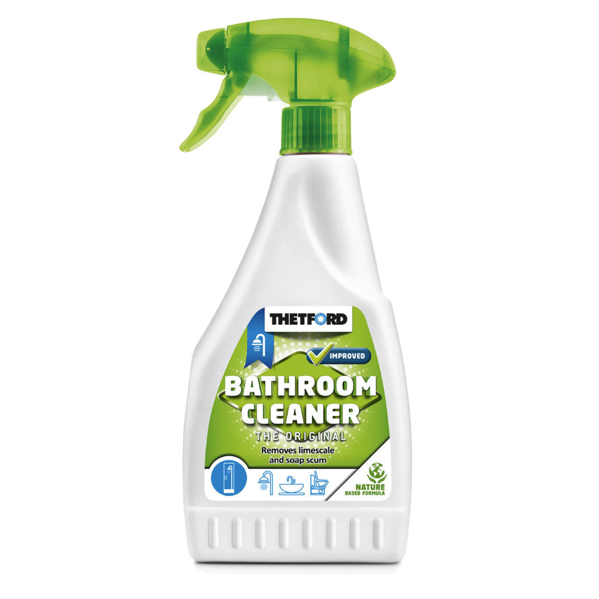 A bottle of Thetford Bathroom Cleaner with a green spray nozzle. The label includes the Thetford logo and indicates the product is for cleaning plastic surfaces.