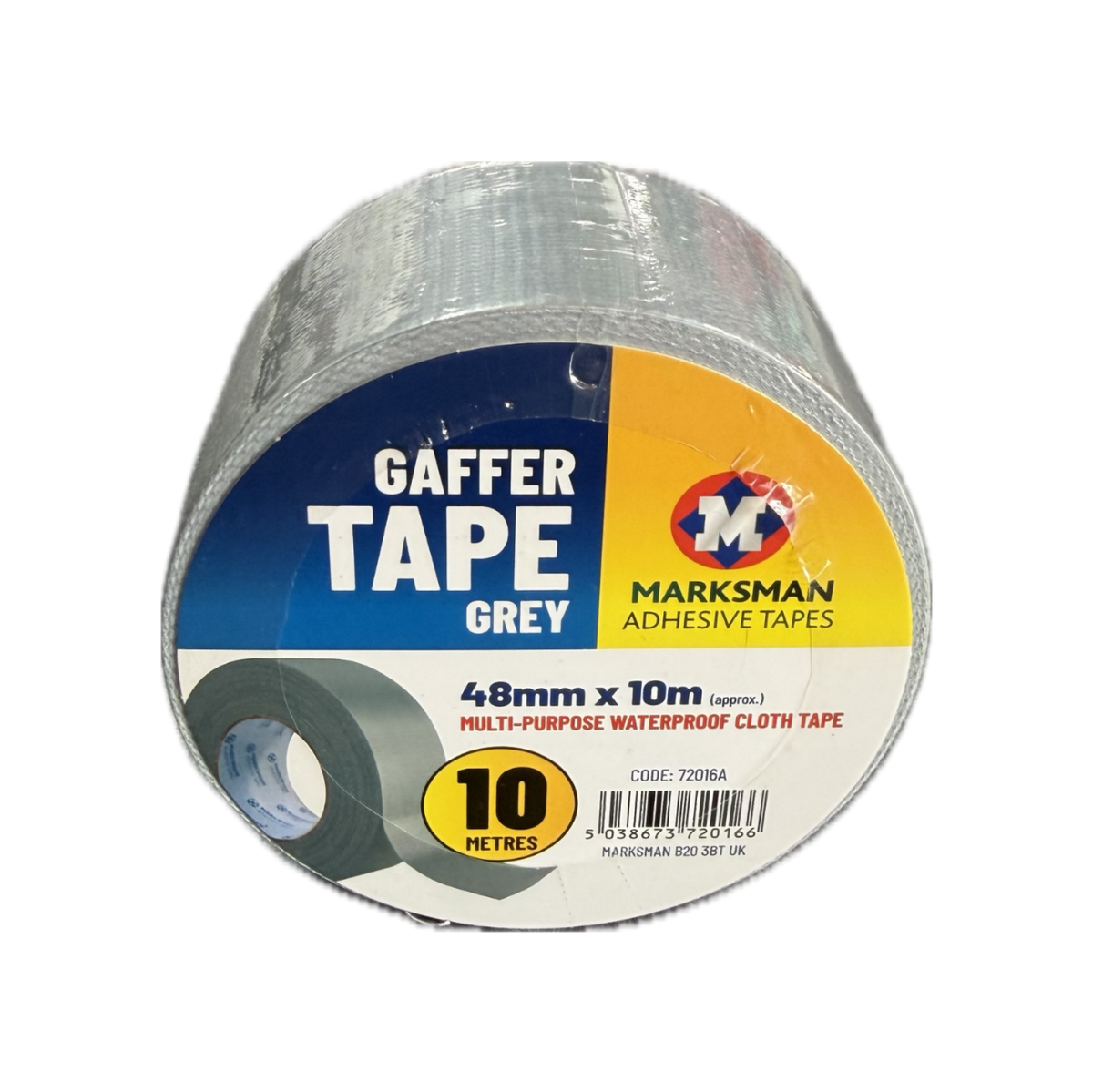 A roll of Marksman Gaffer Tape in grey, 48mm x 10m, shown on a clean white background with its retail paper label.