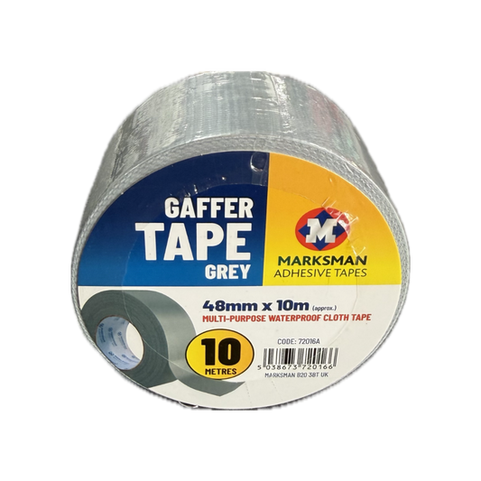 A roll of Marksman Gaffer Tape in grey, 48mm x 10m, shown on a clean white background with its retail paper label.