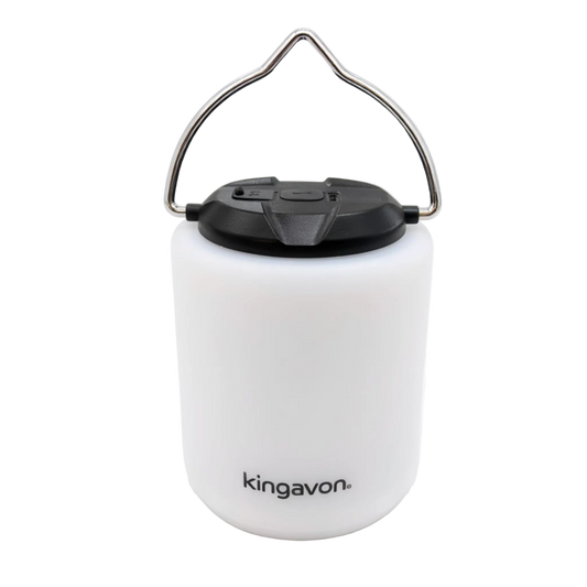 Kingavon LED Rechargeable Camping Lantern, A white camping lantern with a black top lid and a silver metal handle.