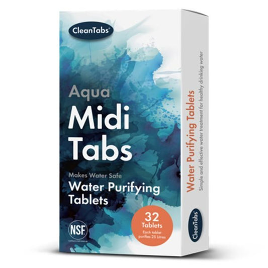 A box of Aqua Midi Tabs, water purifying tablets made by CleanTabs. contains 32 tablets.
